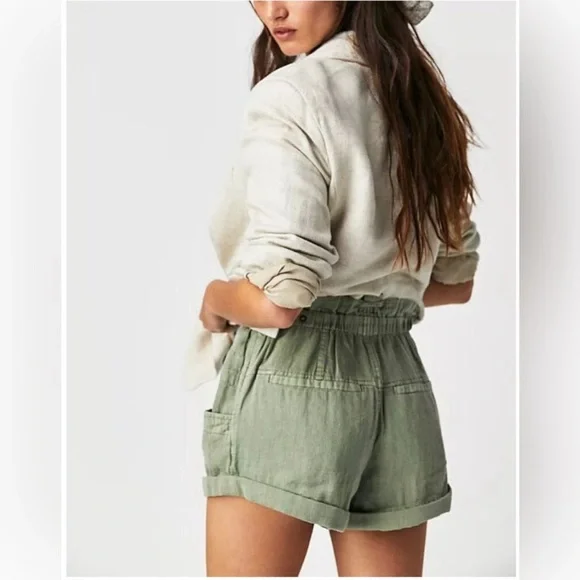 FREE PEOPLE OIL GREEN LINEN - COTTON BLEND SHORTS NWT